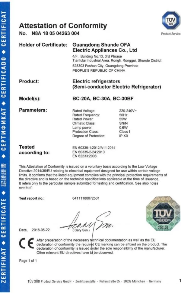 Minibar CE certificate - Uboze Appliances