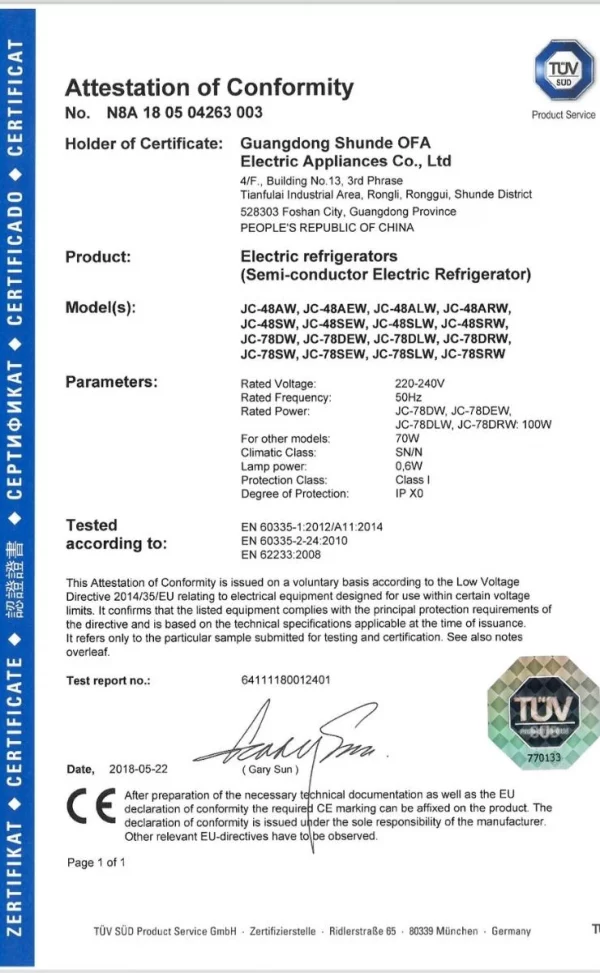 Wine Cooler CE certificate - Uboze Appliances